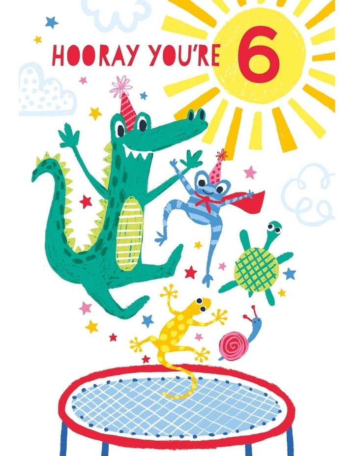 6th Birthday boy card crocodile on trampoline