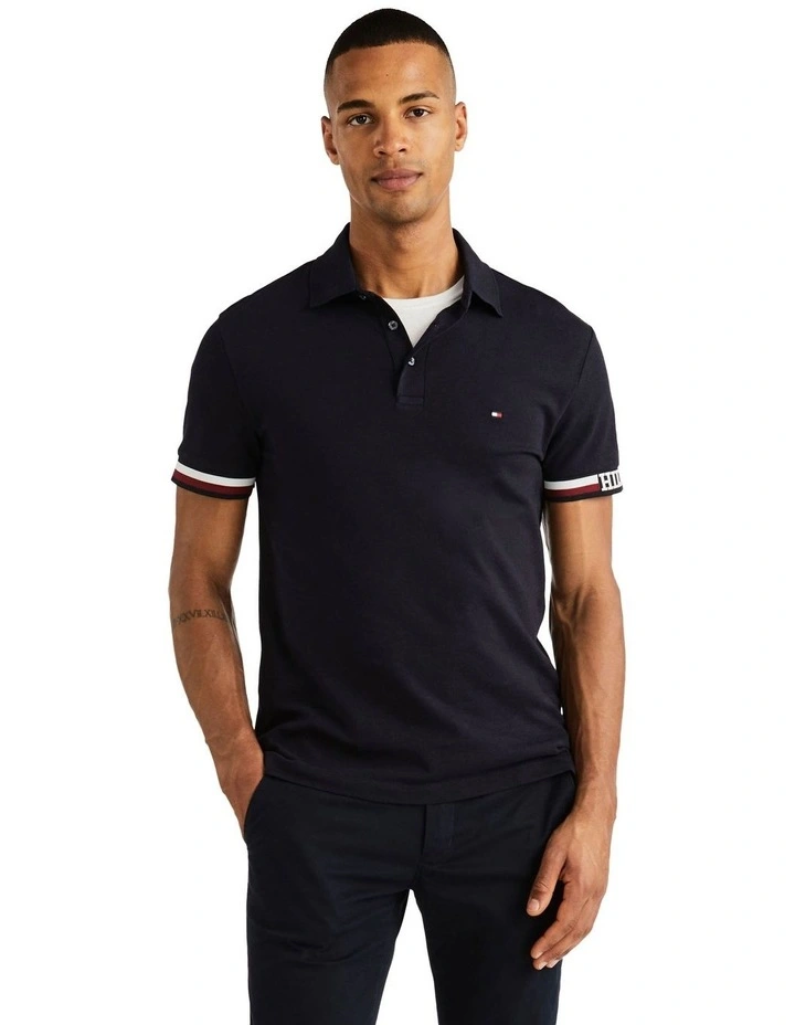 Monotype Flag Cuff Slim Fit Polo Shirt in Navy