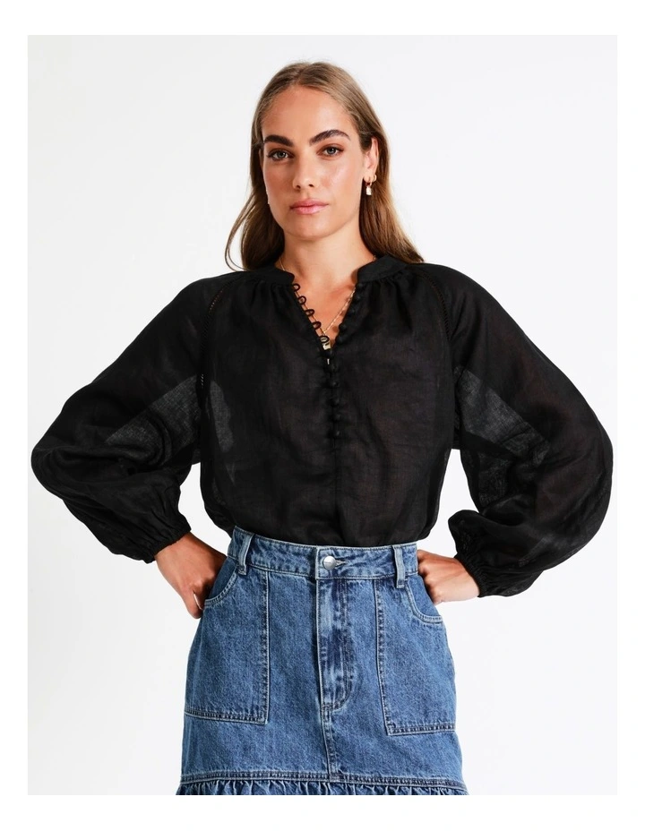 Ramie High Neck Button Blouse in Black