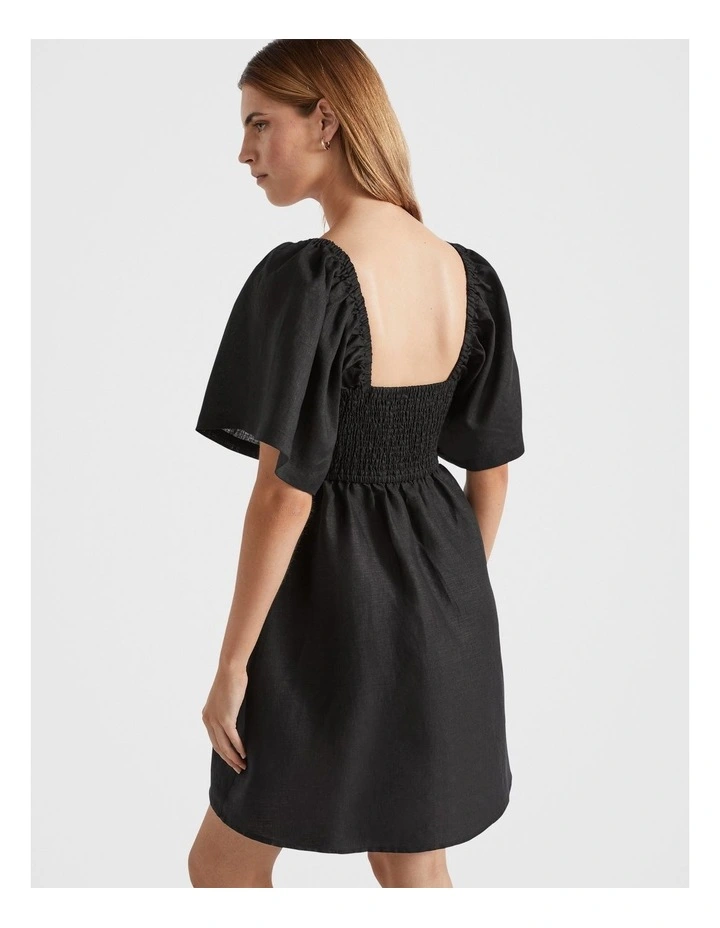 Linen Square Neck Mini Dress in Black