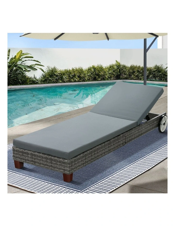 Outdoor Sun Lounge Wicker Lounger Furniture Day Bed Wheels Patio in Grey