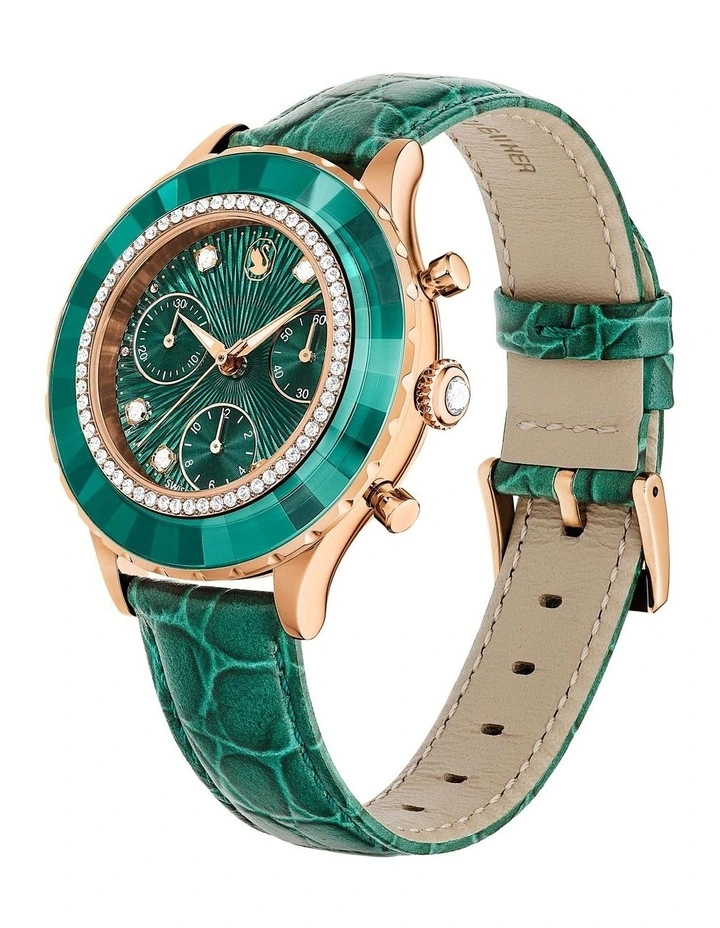 Octea Chrono Swiss Made Leather Strap Rose Gold-Tone Plated Watch in Green