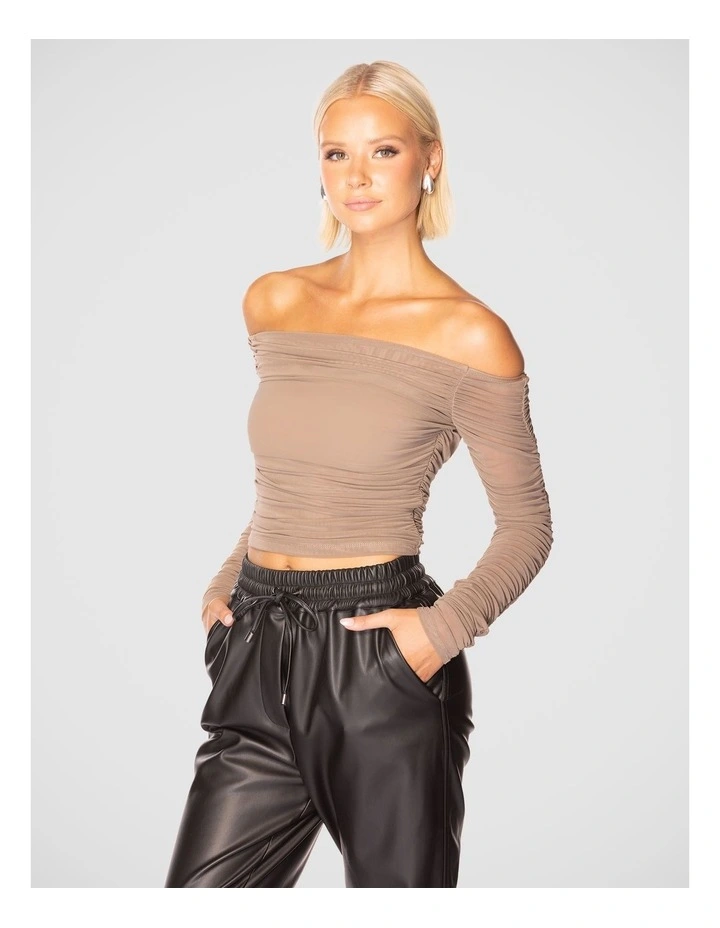 Kai Off Shoulder Mesh Top in Taupe