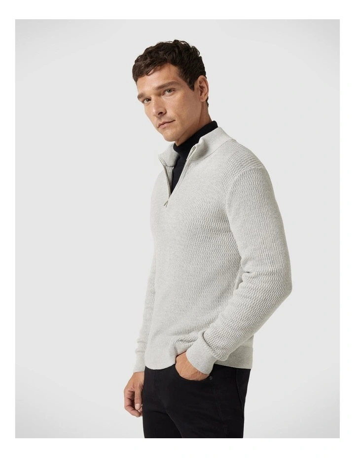 Funnel Neck Long Sleeve Knit With Honeycomb Texture Detail in Grey Marle