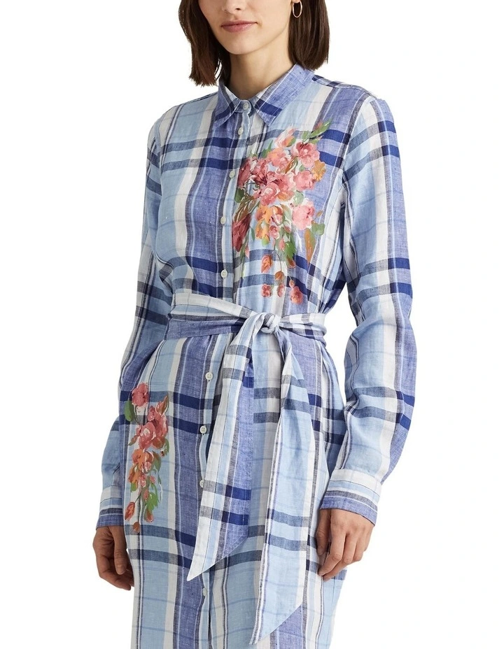 Floral & Plaid Linen Shirtdress in Blue