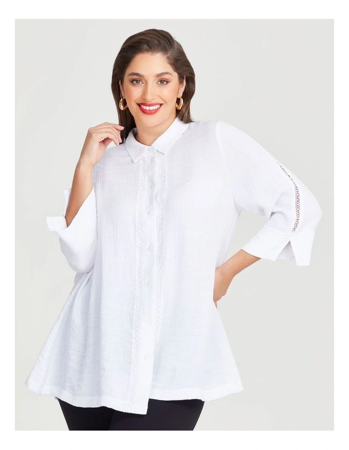 Lace Trim Crinkle Crush Shirt in White