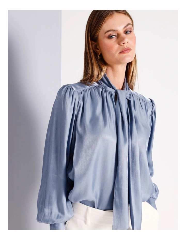 Liquid Satin Tie Neck Blouse in Dusty Blue