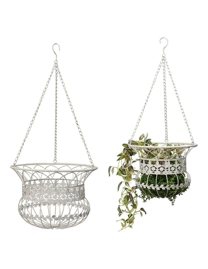 Antique Outdoor Hanging Baskets Set of 2 in White