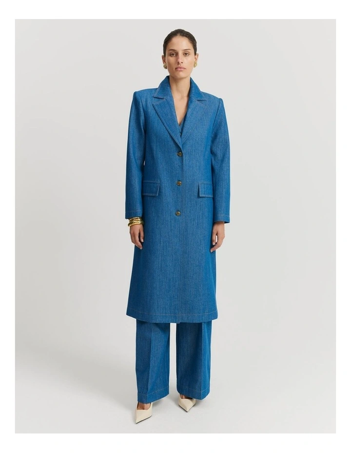 Longline Denim Blazer in Mid Blue Wash