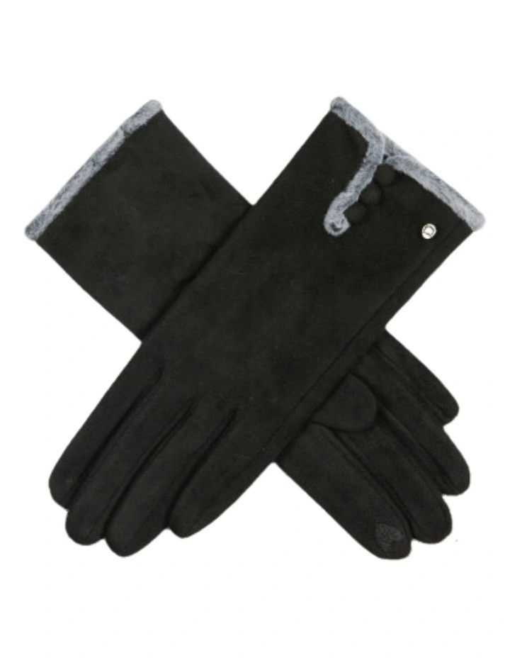 Soft Feel Touchscreen Gloves with Faux Fur and Button Trim in Black