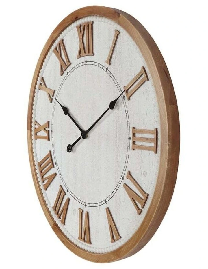 Round Roman Numeral Digital Wall Clock 68cm in Distressed White/Natural