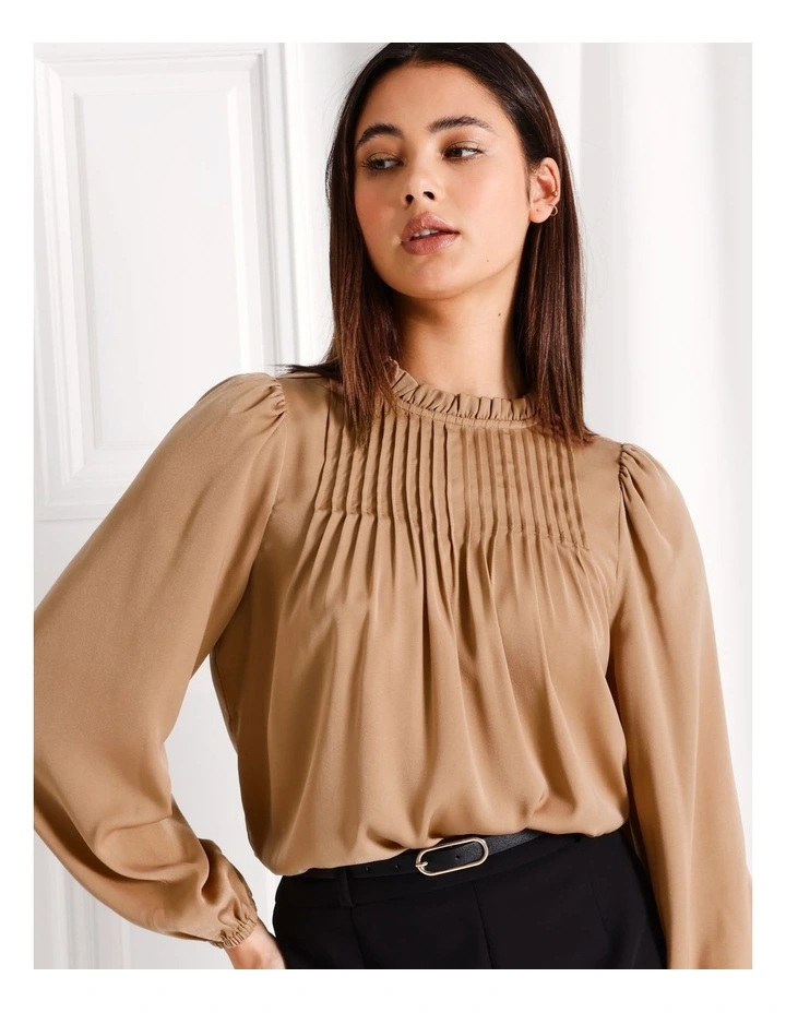 Recycled Pintuck Blouse in Camel