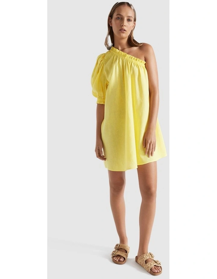 Linen One Shoulder Mini Dress in Lemon Drop