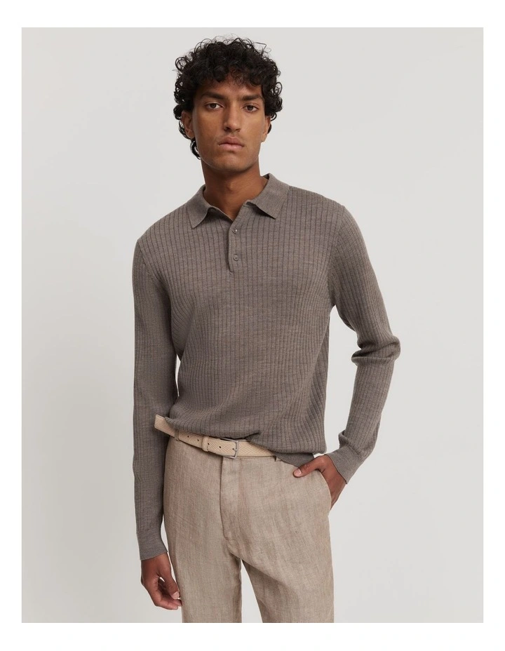 Verified Australian Merino Wool Ribbed Polo in Fawn