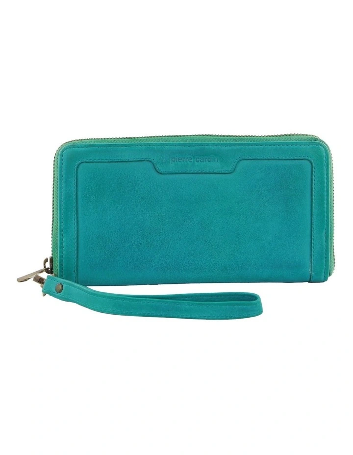 Leather Zip Around Wallet with Wristlet in Turquoise