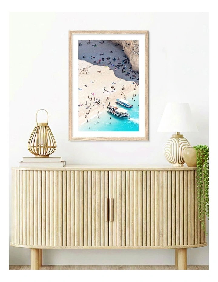 Australian Made Beach Boat Visit Art Print A2 in Natural Frame