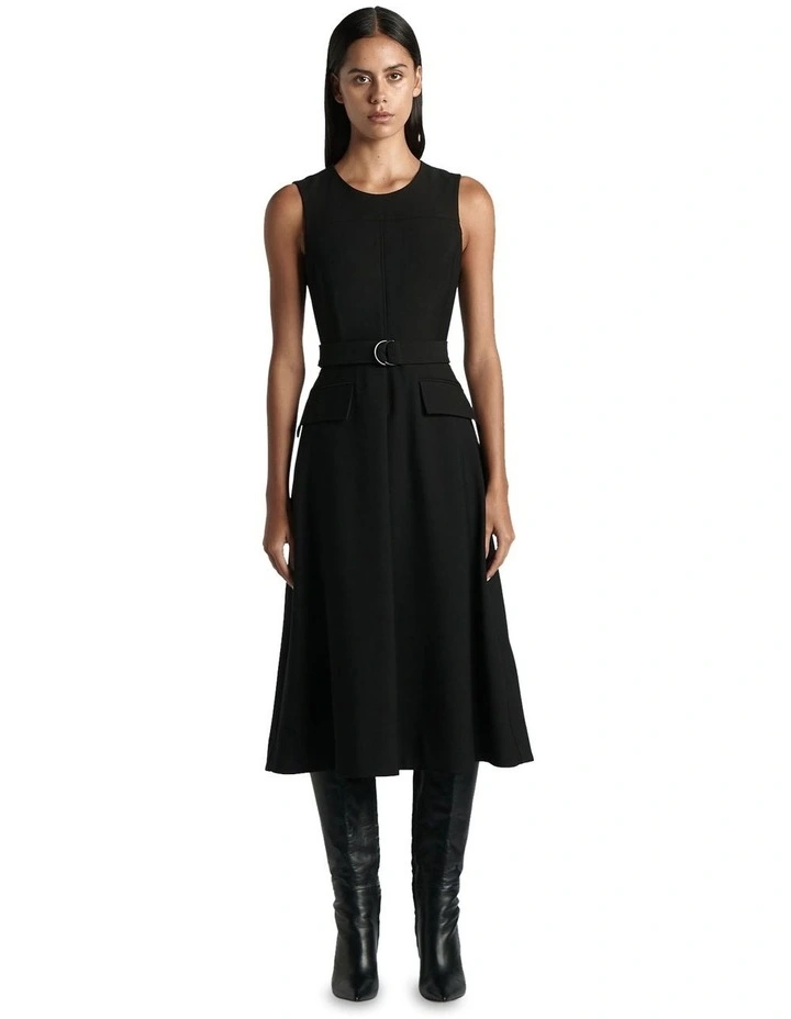 Matte Stretch Belted A-Line Midi Dress in Black