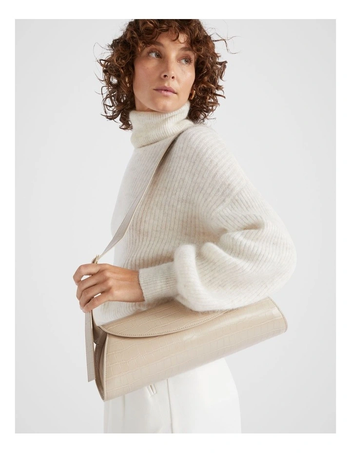 Structured Shoulder Bag in Champagne Beige Croc