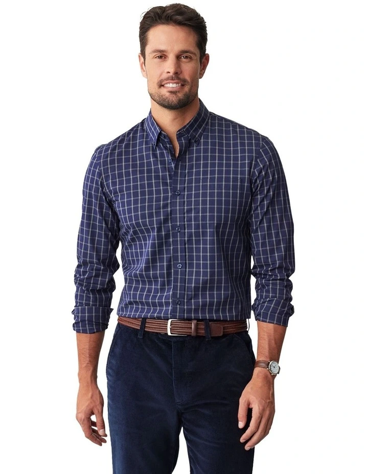 Easy Care Check Long Sleeve Shirt in Navy
