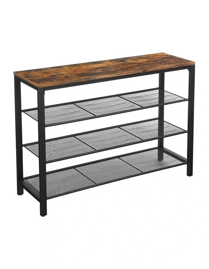 Industrial Style Shoe Rack with 3 Mesh Shelves in Rustic Brown/Black