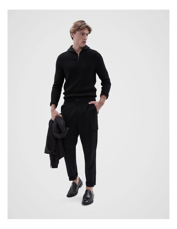 Rib Half Zip Knit Sweater in Black