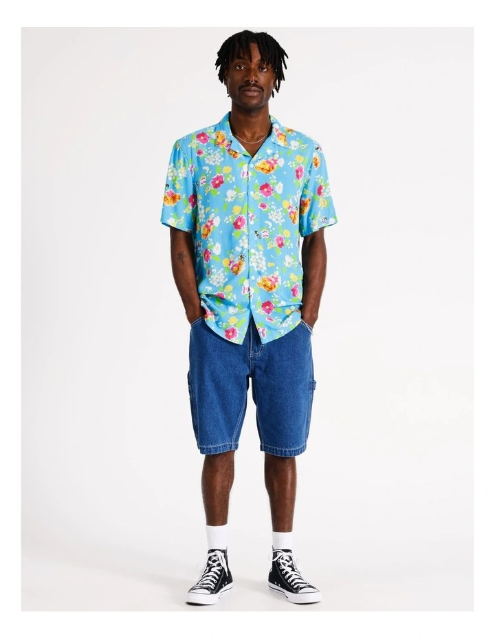Paint Splatter Print Short Sleeve Rayon Shirt in Blue