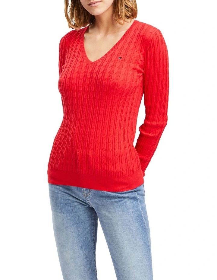 Classic Cable V-Neck Sweater in Red