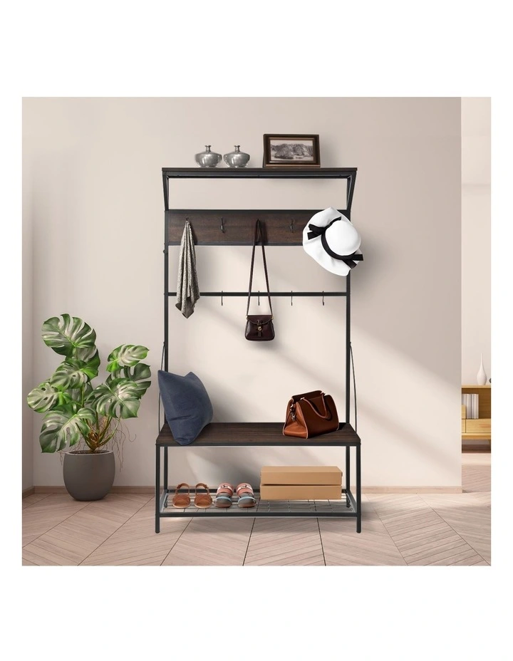 4-in-1 Hall Tree Entryway Coat Rack in Black