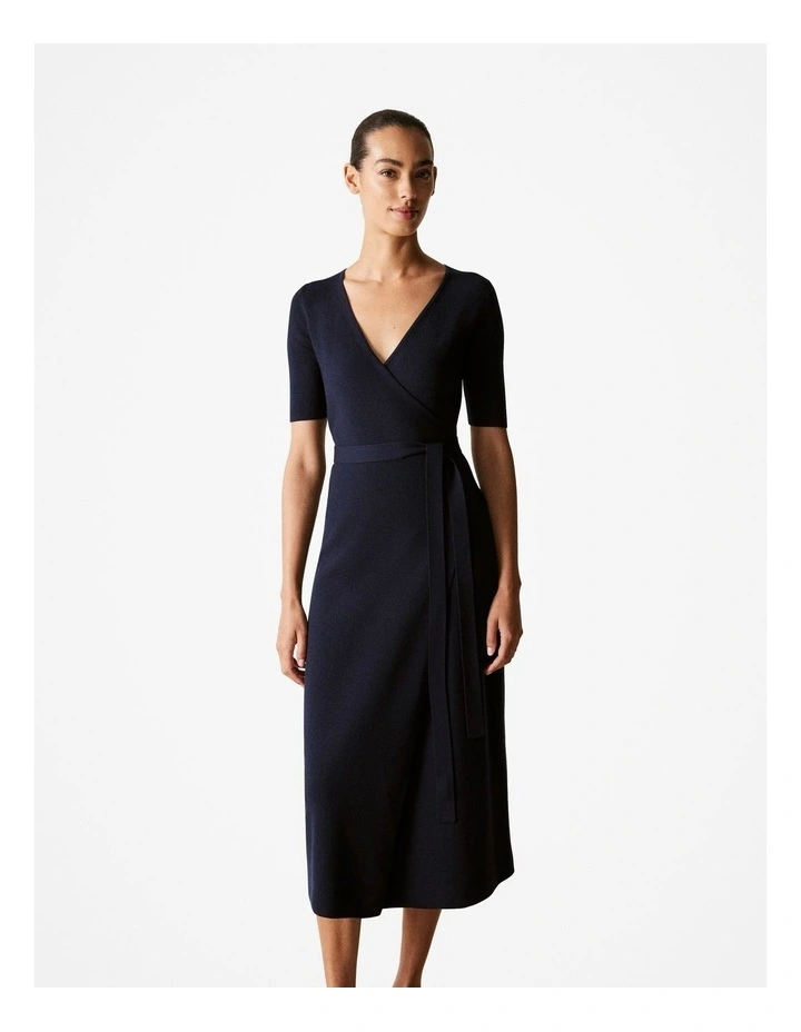 Merino Blend Wrap Knit Dress in Night Sky