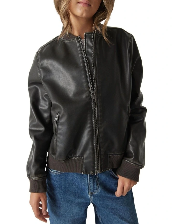 Faux Leather Bomber in Brown