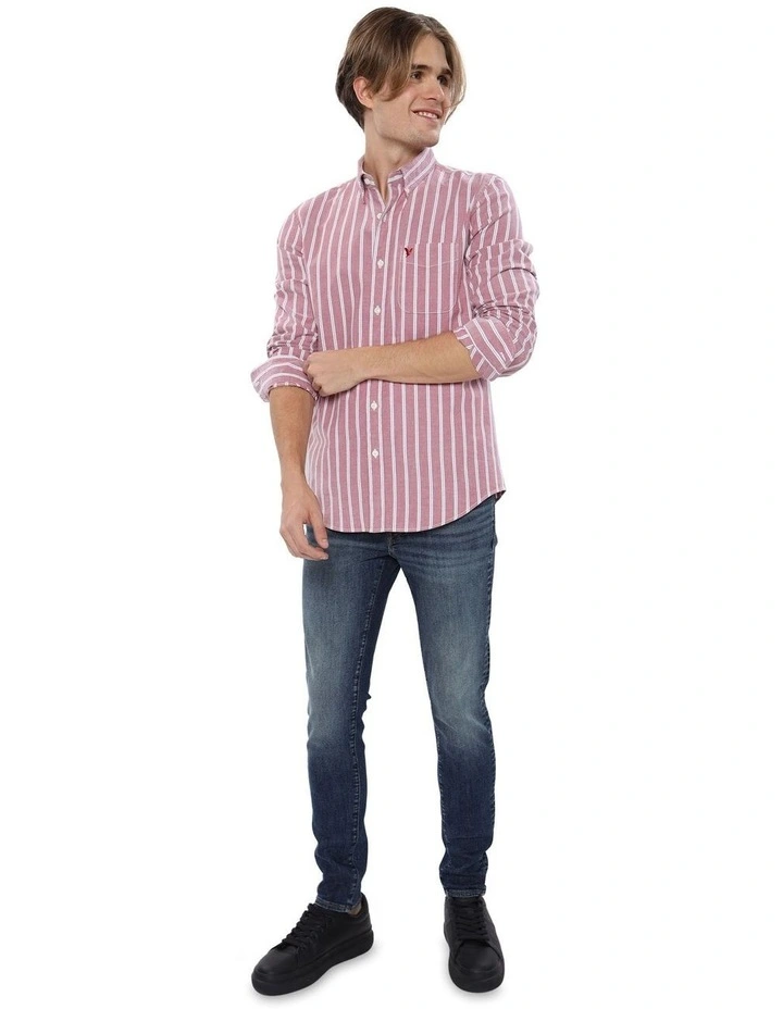 Striped Oxford Button-Up Shirt in Faded Red