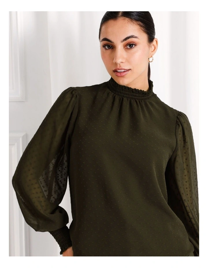 High Neck Shirred Blouse in Khaki