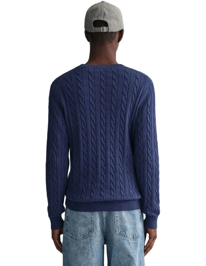 Cotton Cable Knit Crew Neck Sweater in Marine Melange