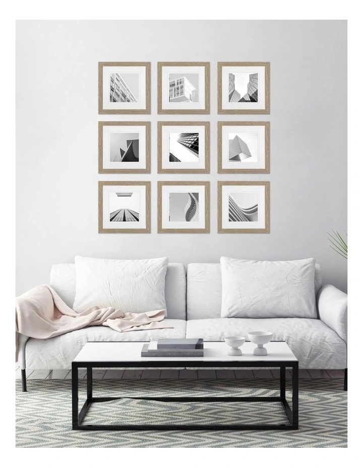 Premium 9 Piece Square Gallery Photo Wall Frame Set in Natural Oak