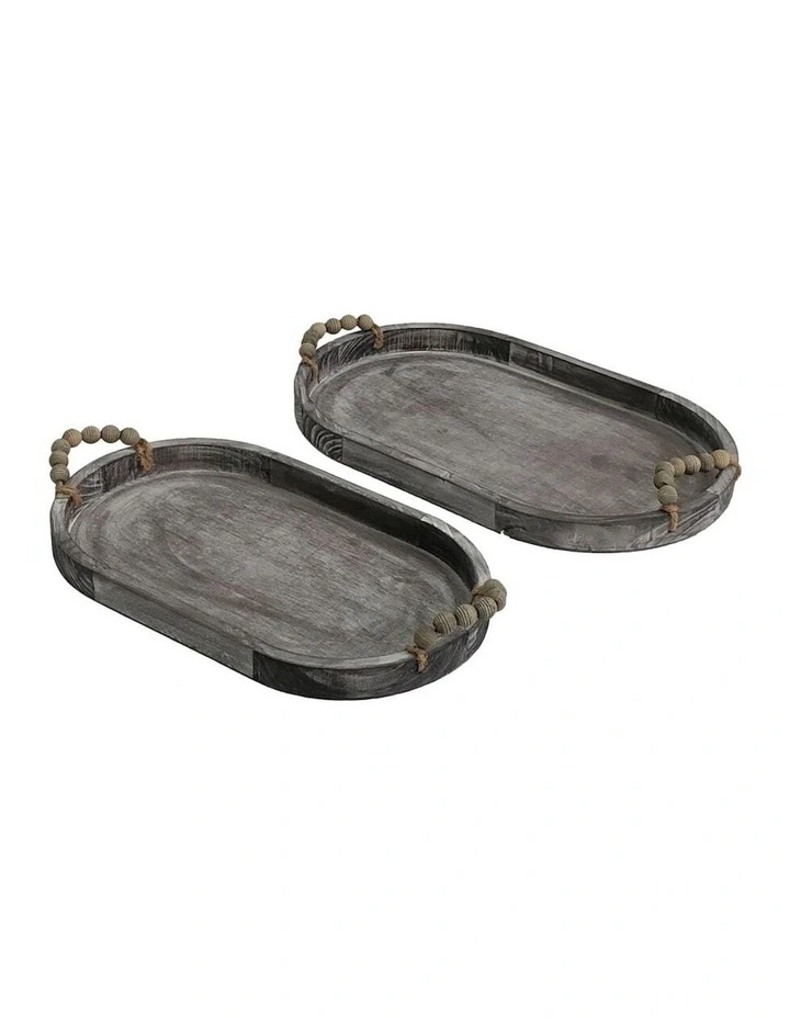 Wooden Oval Trays with Beaded Handles Set in Natural