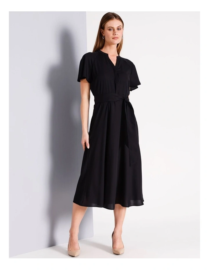 Flutter Sleeve Midi Dress in Black