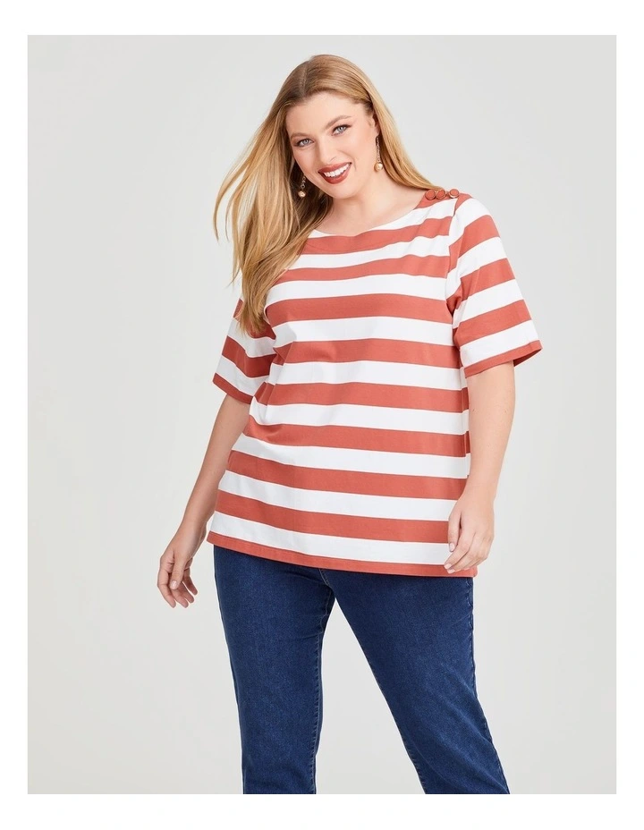 Cotton Block Stripe Button Top in Terracotta/Off White