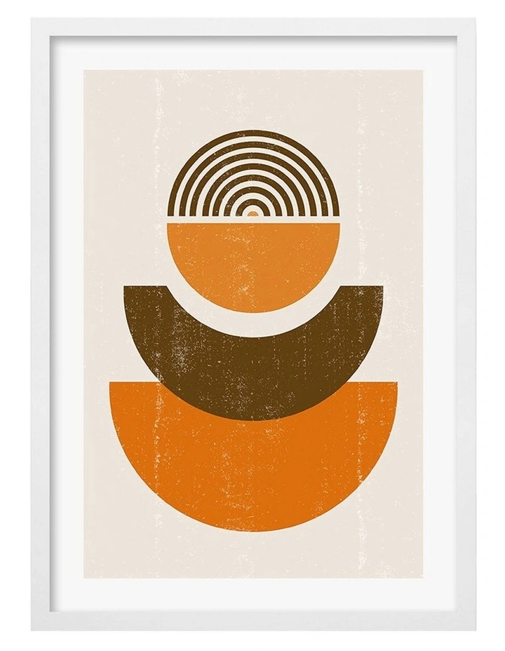 Australian Made Orange Boho Sun Shapes Art Print A2 in White Frame