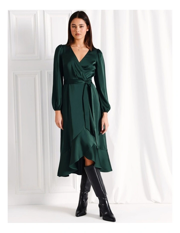 Recycled Blend Satin Long Sleeve Ruffle Midi Wrap Dress in Dark Green