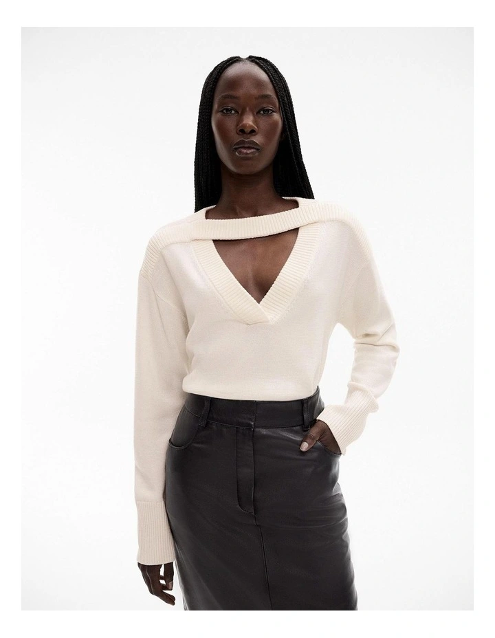 Wool V Cut Out Knit in Cream