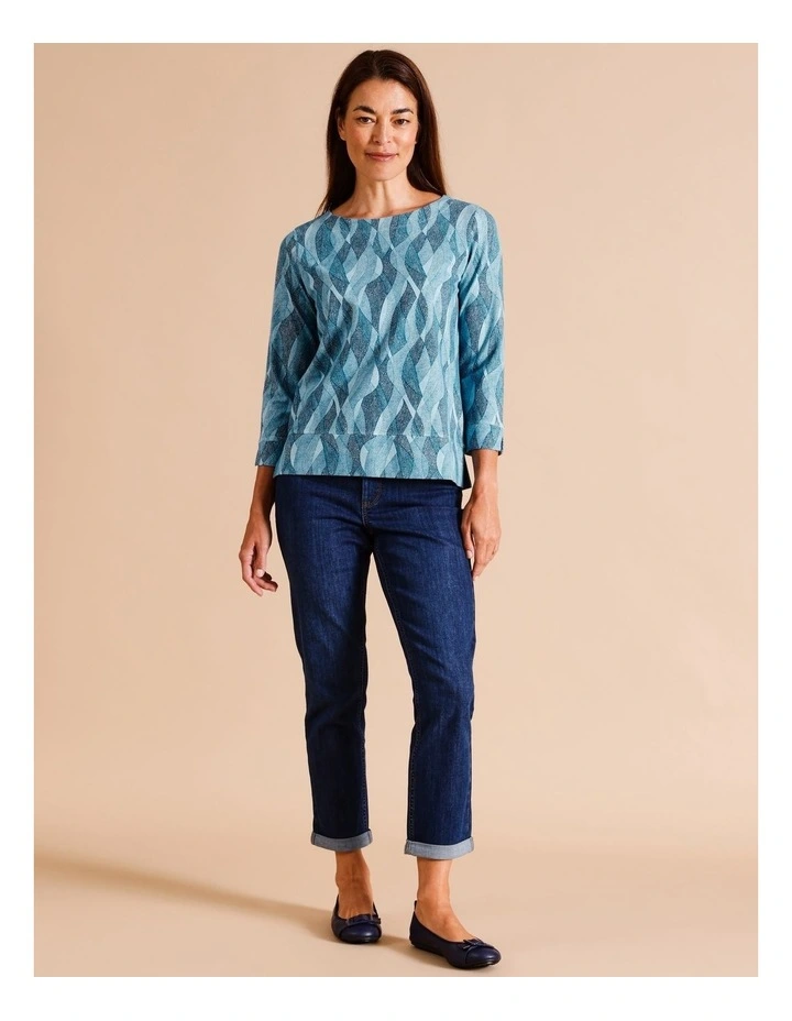 Organic Cotton Cowl Neck 3/4 Sleeve Tee In Teals Twist Mini Pebble Print