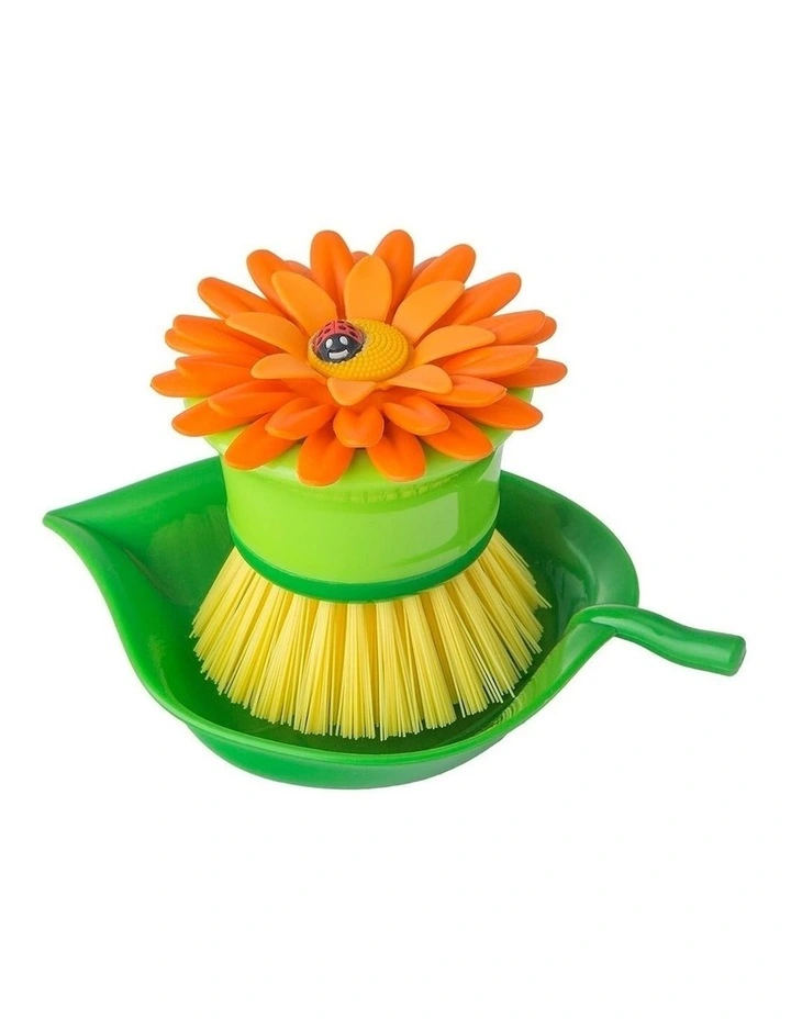 Vigar Flower Power Non-Scratch Palm Dish Brush With Holder in Orange