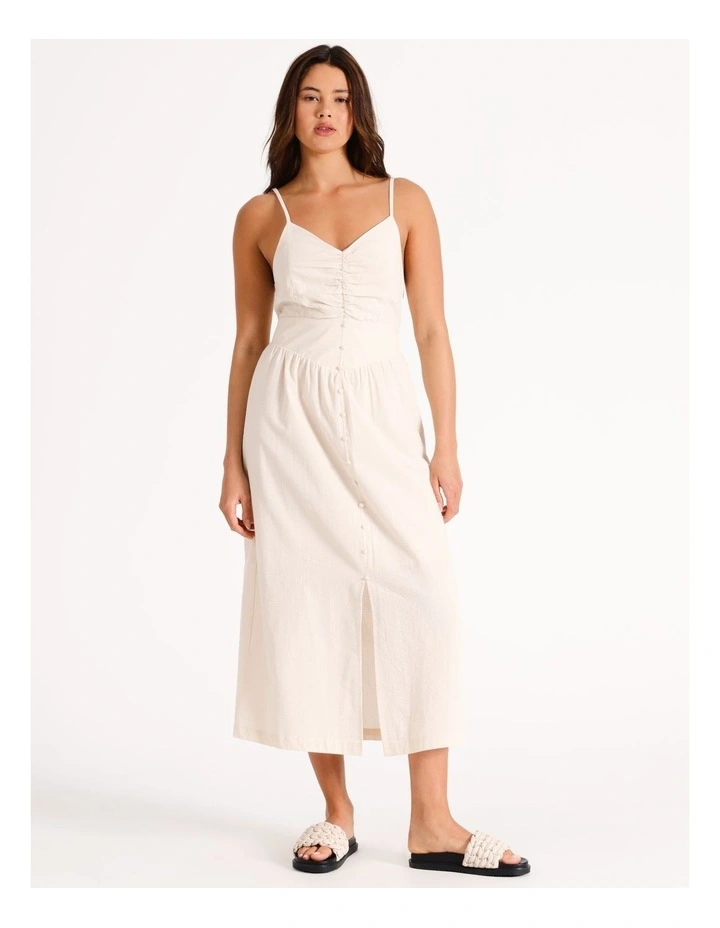 Organic Strappy Button Through Midi Dress in Beige