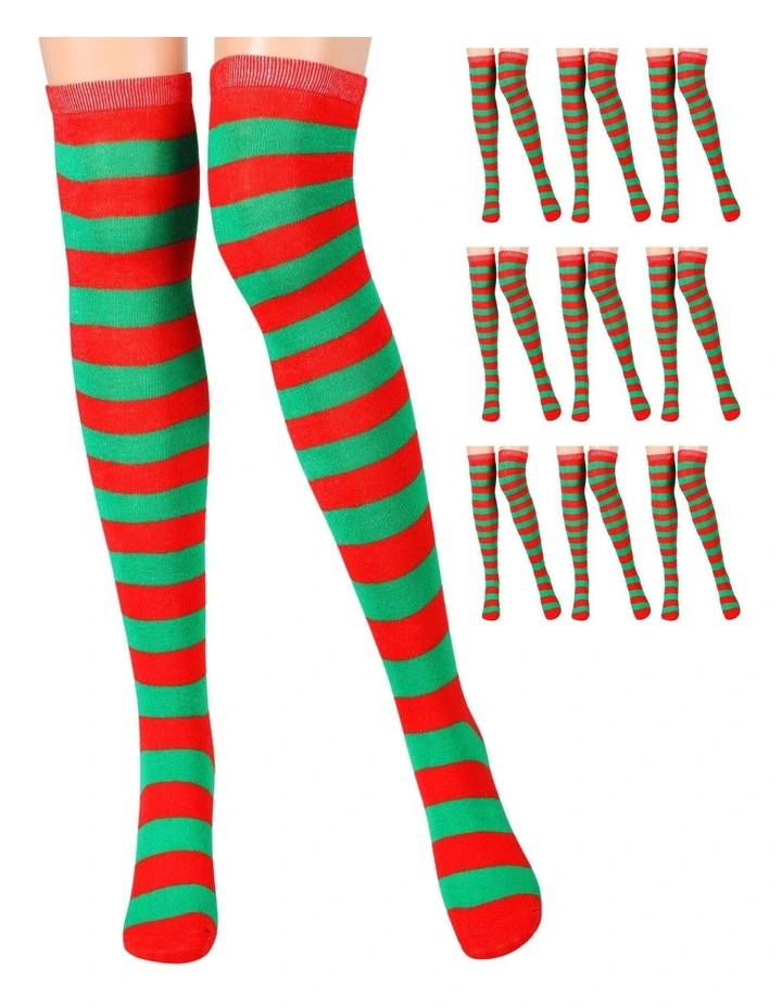 Over The Knee Socks 10-Pack in Red/Green Stripes
