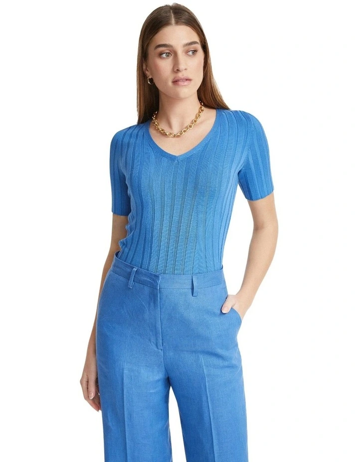Lucy Rib V-Neck Knitted Top in Heritage Blue