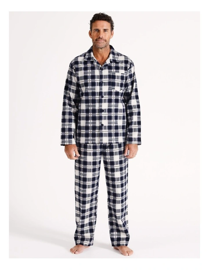 Essentials Long Sleeve Flannelette PJ Set Classic Check in Navy/Stone