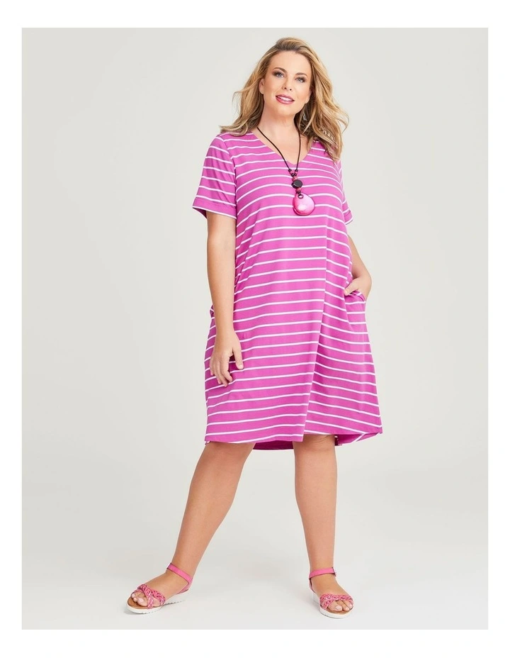 Cotton V-neck Stripe Dress in Plum/White