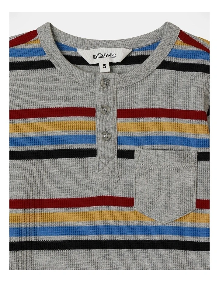 Long Sleeve Waffle Henley Stripe Tee in Grey Marle