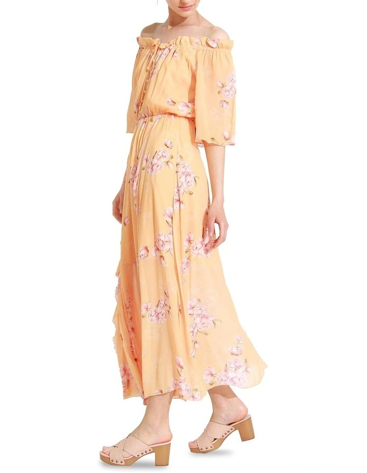 Amour Amour Ruffled Midi Dress in Peach Peonies