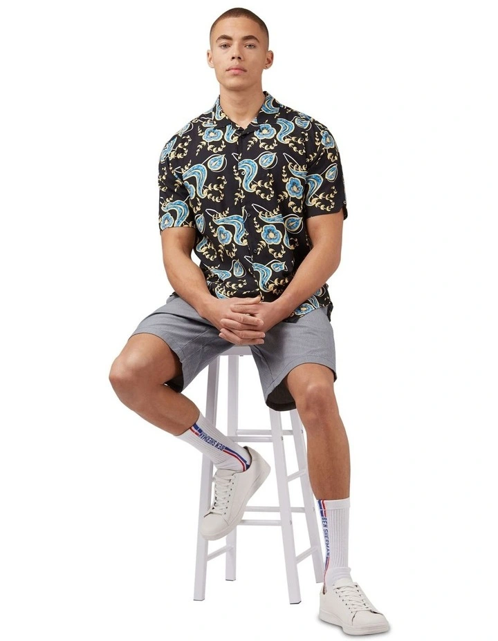Short Sleeve Block Floral Print Shirt in Black